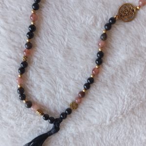 Mala obsidienne noire, pierre de soleil, bois pétrifié